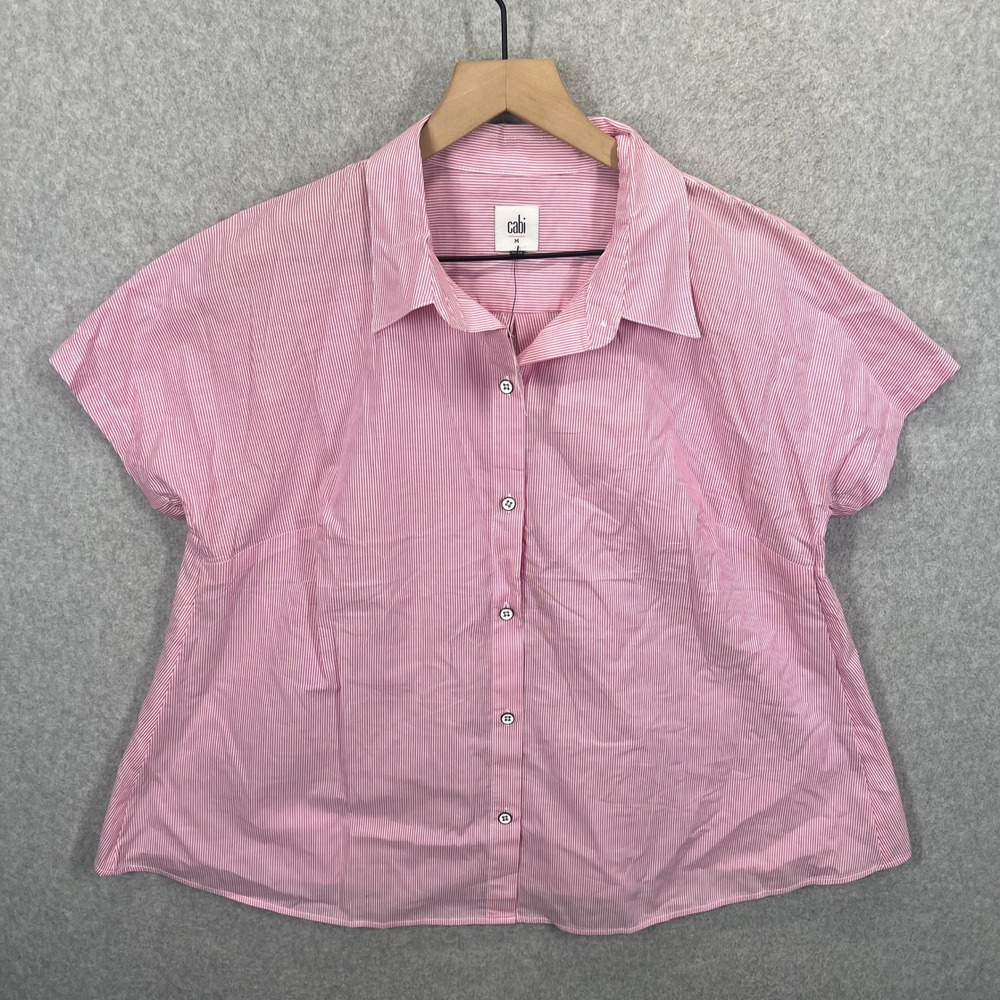 Cabi Pip Top Women Medium Pink White Candy Stripe Short Sleeve Button Up NWT